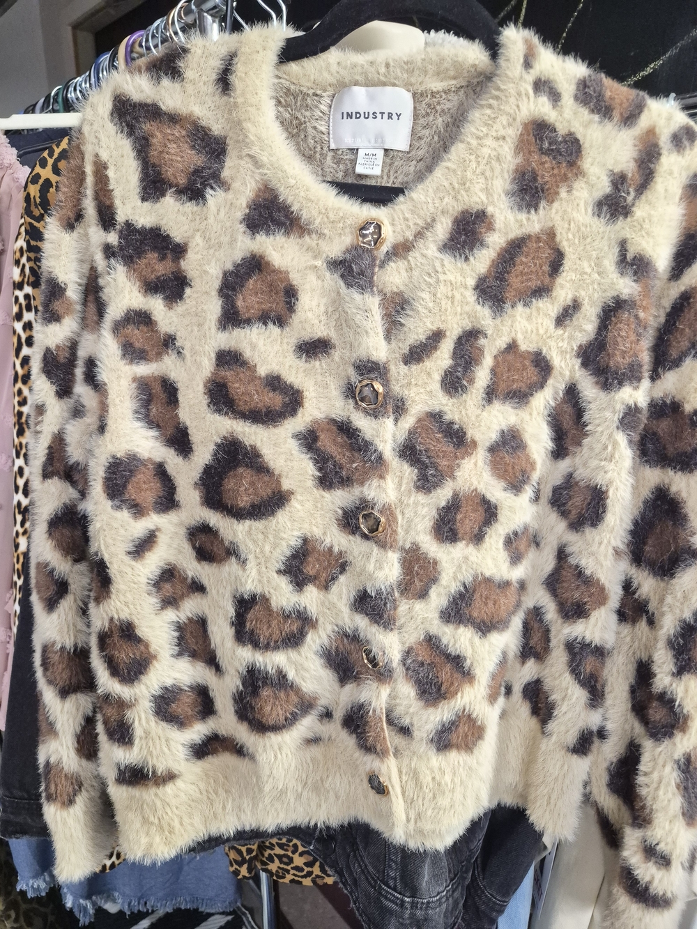 INDUSTRY Leopard-Print Fuzzy Cardigan Sweater - Cream & Brown